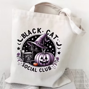 Mystical Black Cat Halloween Canvas Tote Bag