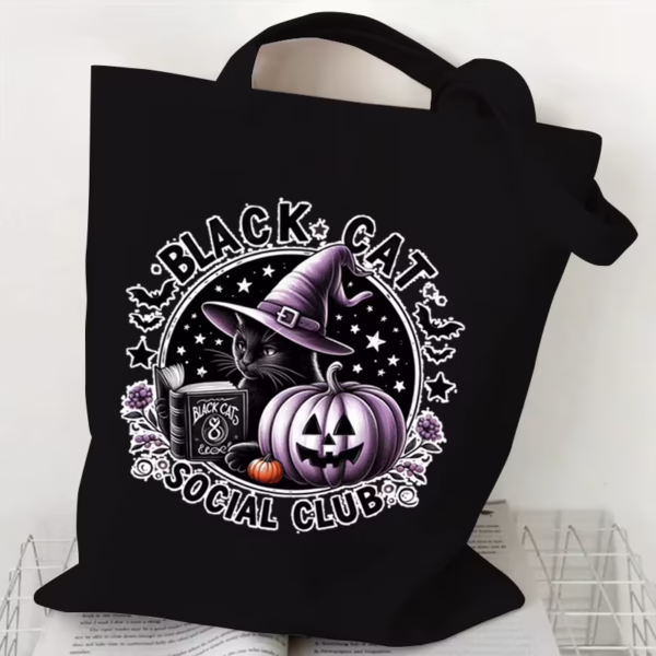 Mystical Black Cat Halloween Black Canvas Tote Bag