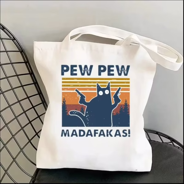 Pew Pew Madafakas! Western Black Cat Canvas Tote Bag