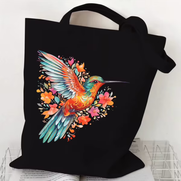 Hummingbird and Flowers Black Canvas Tote Bag
