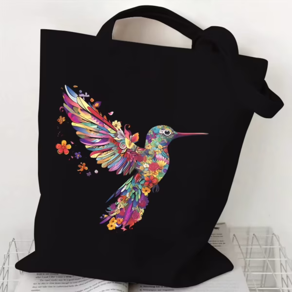 Floral Hummingbird Black Canvas Tote Bag