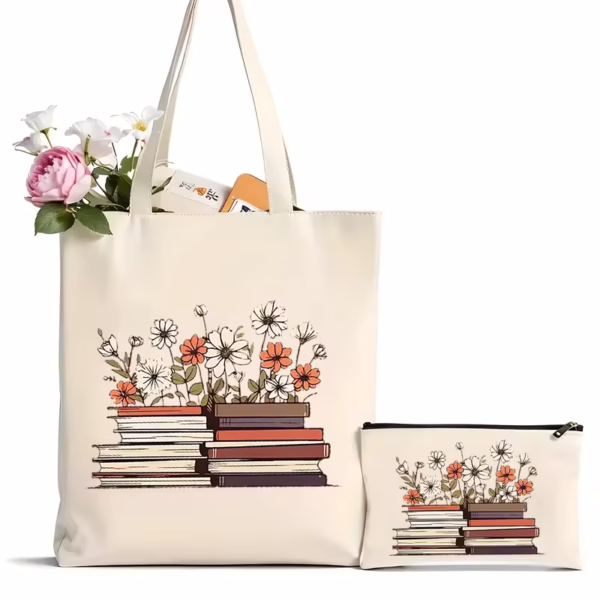 Bookish Blooms Floral Canvas Tote Bag