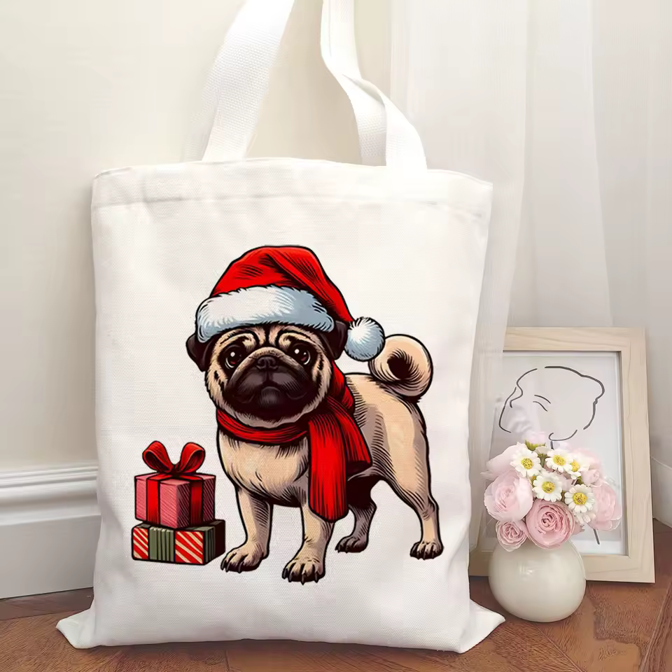 Festive Pug Christmas Canvas Tote Bag