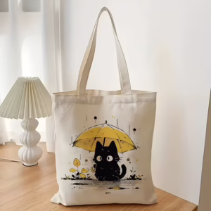 Rainy Day Black Cat Canvas Tote Bag