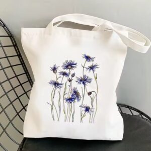 Blue Cornflower Floral Canvas Tote Bag