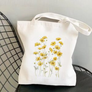Yellow Cosmos Floral Canvas Tote Bag